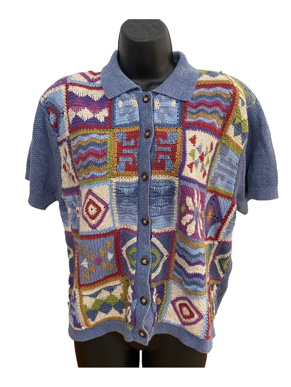 Vintage Colorful Knit Hipster Size XL Patchwork Cardigan Sweater Shoulder Pads